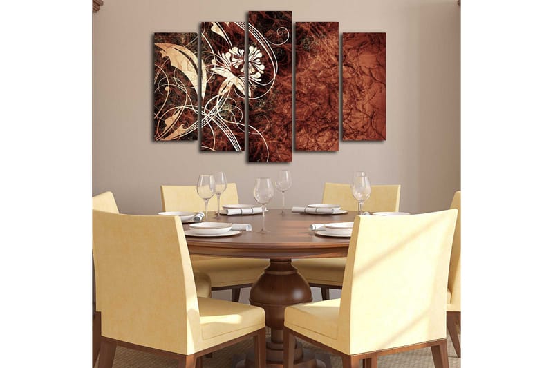 Stor Canvastavla i 5 delar 105x70 cm - Abstrakt komposition med blommor och svängda linjer - Mörkröd / Beige / Vit - Inredning - Tavlor & konst - Canvastavlor