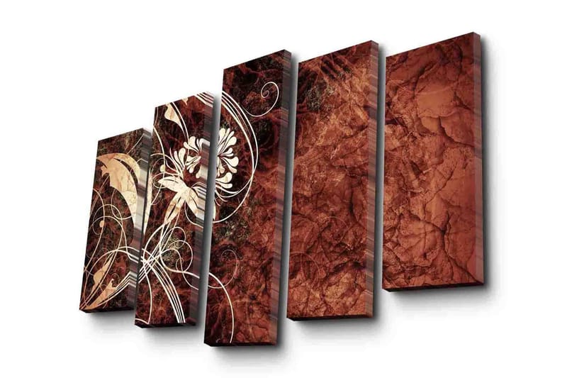 Stor Canvastavla i 5 delar 105x70 cm - Abstrakt komposition med blommor och svängda linjer, Mörkröd / Beige / Vit