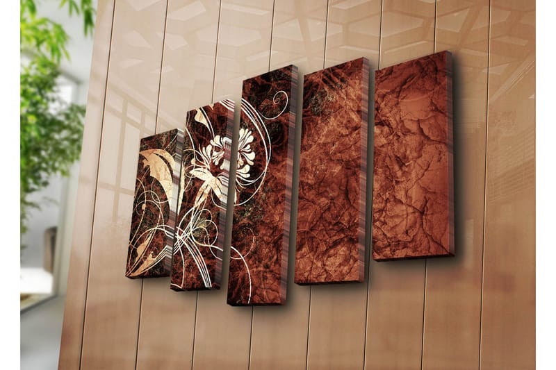 Stor Canvastavla i 5 delar 105x70 cm - Abstrakt komposition med blommor och svängda linjer - Mörkröd / Beige / Vit - Inredning - Tavlor & konst - Canvastavlor