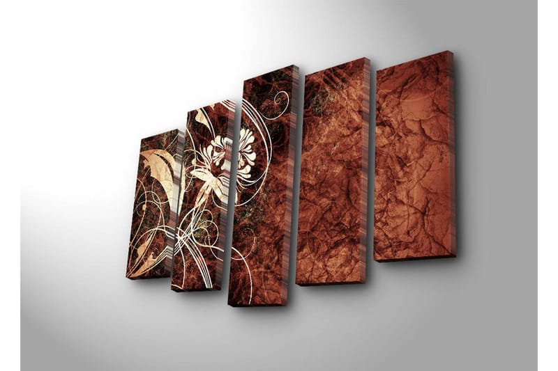 Stor Canvastavla i 5 delar 105x70 cm - Abstrakt komposition med blommor och svängda linjer - Mörkröd / Beige / Vit - Inredning - Tavlor & konst - Canvastavlor