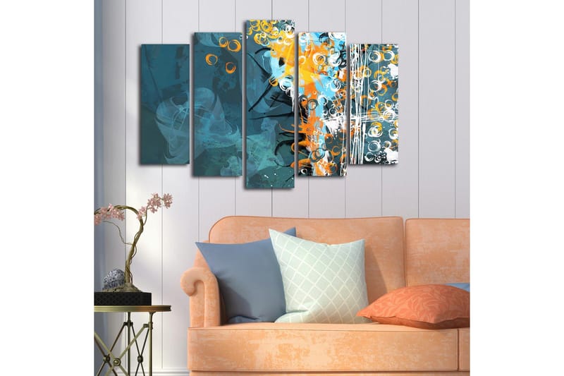 Stor Canvastavla i 5 delar 105x70 cm - Abstrakt komposition med cirkulära former och dynamiska färger - Mörkblå / Orange / Vit - Inredning - Tavlor & konst - Canvastavlor