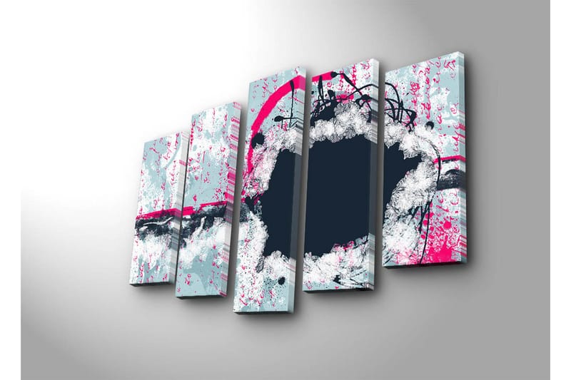 Stor Canvastavla i 5 delar 105x70 cm - Abstrakt komposition med cirkulära former och kontrasterande färger - Mörkblå / Ljusgrå / Rosa - Inredning - Tavlor & konst - Canvastavlor