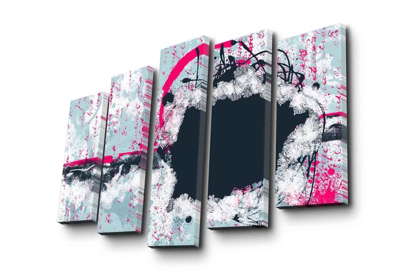 Stor Canvastavla i 5 delar 105x70 cm - Abstrakt komposition med cirkulära former och kontrasterande färger - Mörkblå / Ljusgrå / Rosa - Inredning - Tavlor & konst - Canvastavlor