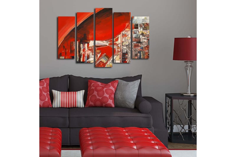 Stor Canvastavla i 5 delar 105x70 cm - Abstrakt komposition med dominerande röda nyanser - Röd / Vit / Grå - Inredning - Tavlor & konst - Canvastavlor