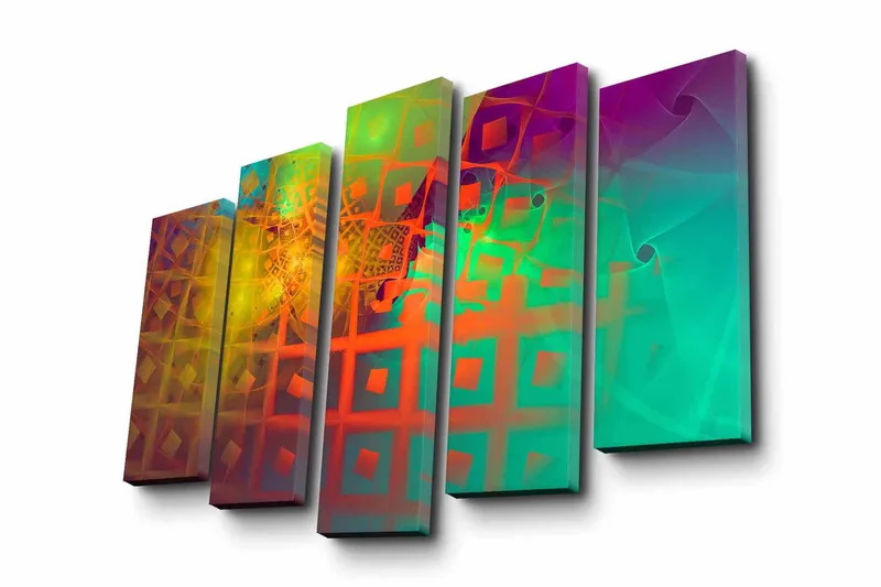 Stor Canvastavla i 5 delar 105x70 cm - Abstrakt komposition med geometriska former och färgglada mönster - Grön / Orange / Lila - Inredning - Tavlor & konst - Canvastavlor