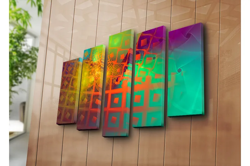 Stor Canvastavla i 5 delar 105x70 cm - Abstrakt komposition med geometriska former och färgglada mönster - Grön / Orange / Lila - Inredning - Tavlor & konst - Canvastavlor