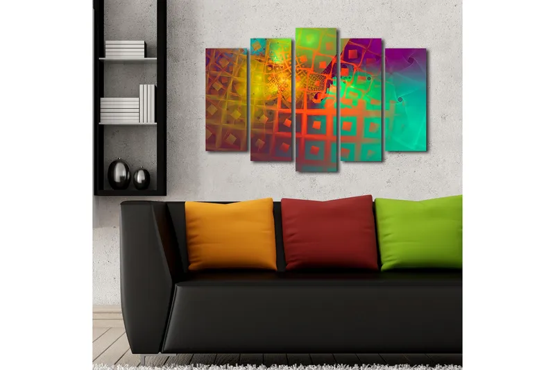 Stor Canvastavla i 5 delar 105x70 cm - Abstrakt komposition med geometriska former och färgglada mönster - Grön / Orange / Lila - Inredning - Tavlor & konst - Canvastavlor
