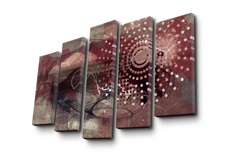 Stor Canvastavla i 5 delar 105x70 cm - Abstrakt komposition med geometriska former och mönster - Mörkröd / Beige / Grå - Inredning - Tavlor & konst - Canvastavlor