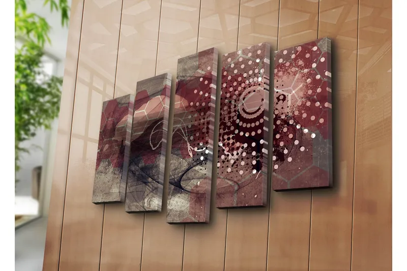 Stor Canvastavla i 5 delar 105x70 cm - Abstrakt komposition med geometriska former och mönster - Mörkröd / Beige / Grå - Inredning - Tavlor & konst - Canvastavlor