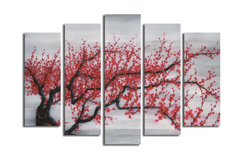 Stor Canvastavla i 5 delar 105x70 cm - Blommande körsbärsträd med röda blommor - Röd / Svart / Grå - Inredning - Tavlor & konst - Canvastavlor