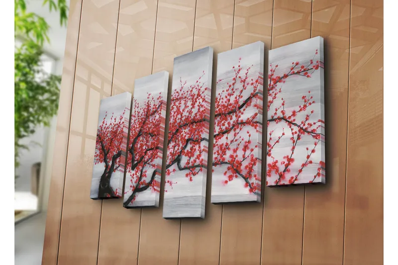 Stor Canvastavla i 5 delar 105x70 cm - Blommande körsbärsträd med röda blommor - Röd / Svart / Grå - Inredning - Tavlor & konst - Canvastavlor