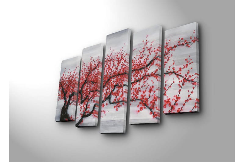 Stor Canvastavla i 5 delar 105x70 cm - Blommande körsbärsträd med röda blommor - Röd / Svart / Grå - Inredning - Tavlor & konst - Canvastavlor