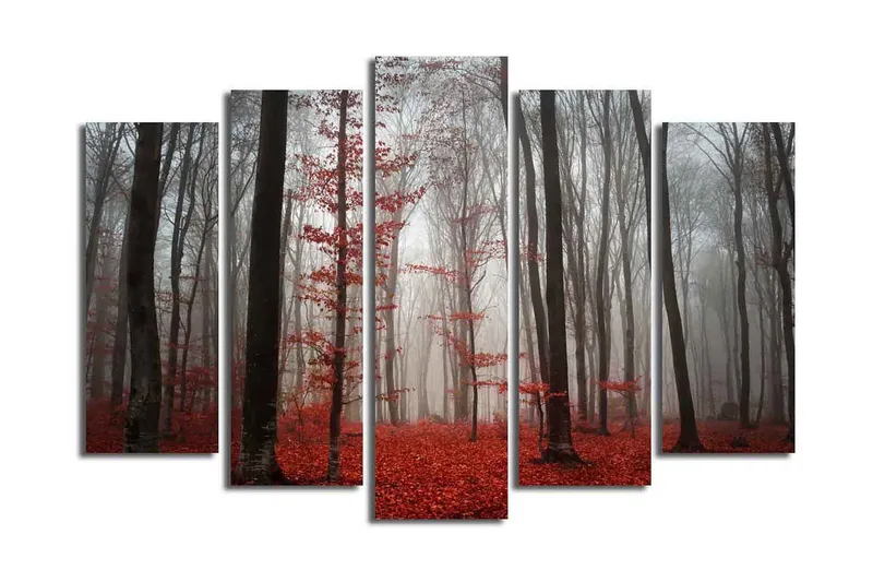 Stor Canvastavla i 5 delar 105x70 cm - Dimhöljd skog med röda lövträd - Röd / Grå / Svart - Inredning - Tavlor & konst - Canvastavlor