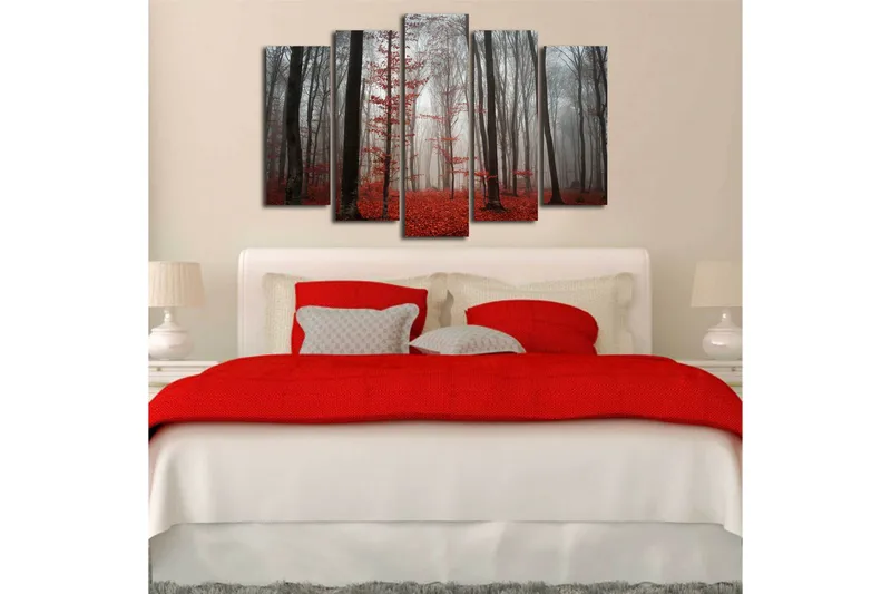 Stor Canvastavla i 5 delar 105x70 cm - Dimhöljd skog med röda lövträd - Röd / Grå / Svart - Inredning - Tavlor & konst - Canvastavlor