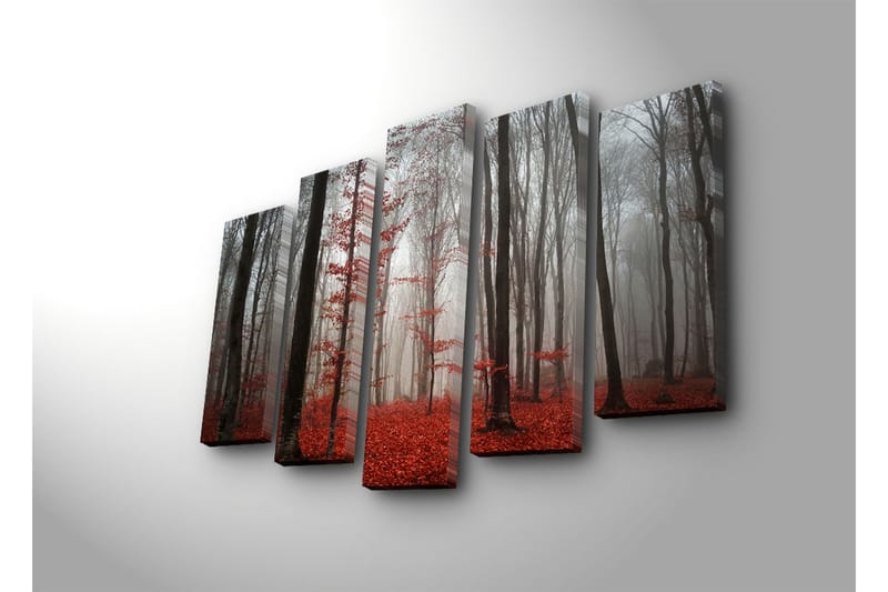 Stor Canvastavla i 5 delar 105x70 cm - Dimhöljd skog med röda lövträd - Röd / Grå / Svart - Inredning - Tavlor & konst - Canvastavlor