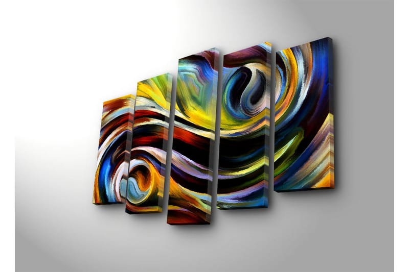 Stor Canvastavla i 5 delar 105x70 cm - Dynamisk abstrakt komposition med svängande linjer och färgade former - Gult / Blått / Rött - Inredning - Tavlor & konst - Canvastavlor