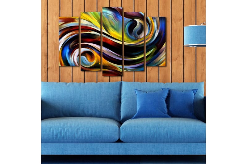 Stor Canvastavla i 5 delar 105x70 cm - Dynamisk abstrakt komposition med svängande linjer och färgade former - Gult / Blått / Rött - Inredning - Tavlor & konst - Canvastavlor