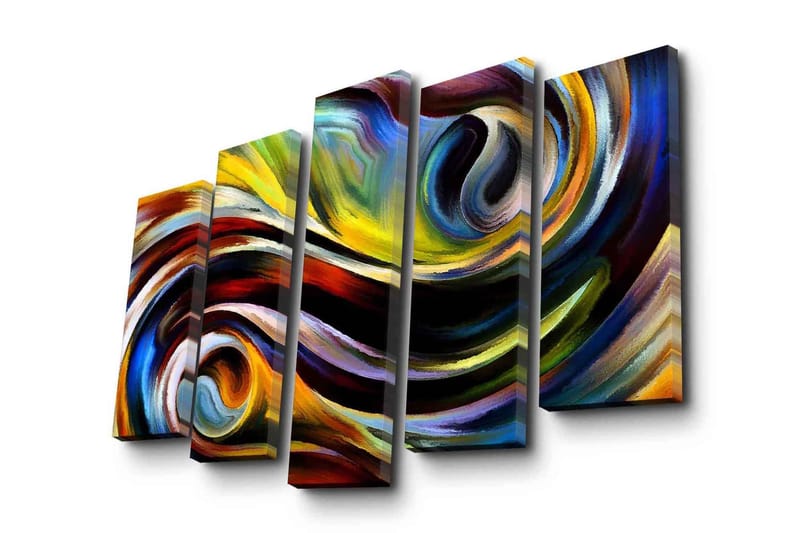 Stor Canvastavla i 5 delar 105x70 cm - Dynamisk abstrakt komposition med svängande linjer och färgade former - Gult / Blått / Rött - Inredning - Tavlor & konst - Canvastavlor