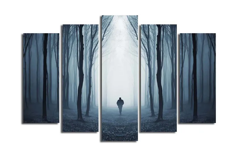 Stor Canvastavla i 5 delar 105x70 cm - Ensam figur som går genom en dimmig skog - Mörkblå / Grå / Svart - Inredning - Tavlor & konst - Canvastavlor