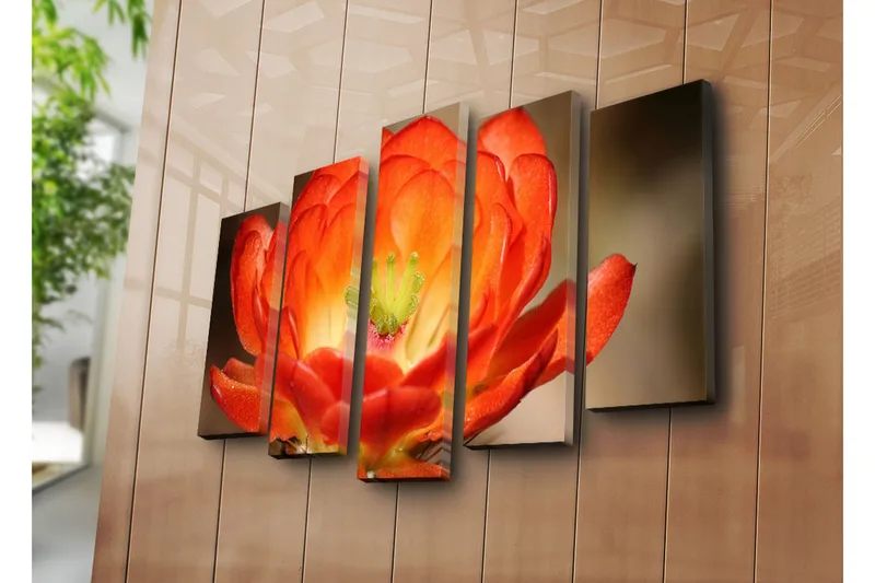 Stor Canvastavla i 5 delar 105x70 cm - Färgglad blomma med djup orangea och röda nyanser - Orange / Grön - Inredning - Tavlor & konst - Canvastavlor