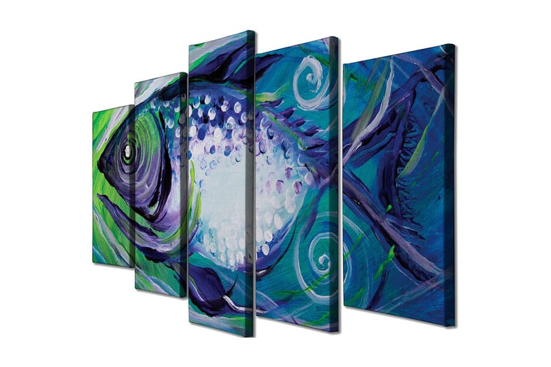 Stor Canvastavla i 5 delar 105x70 cm - Färgglad fisk med abstrakta former - Blå / Grön / Lila - Inredning - Tavlor & konst - Canvastavlor