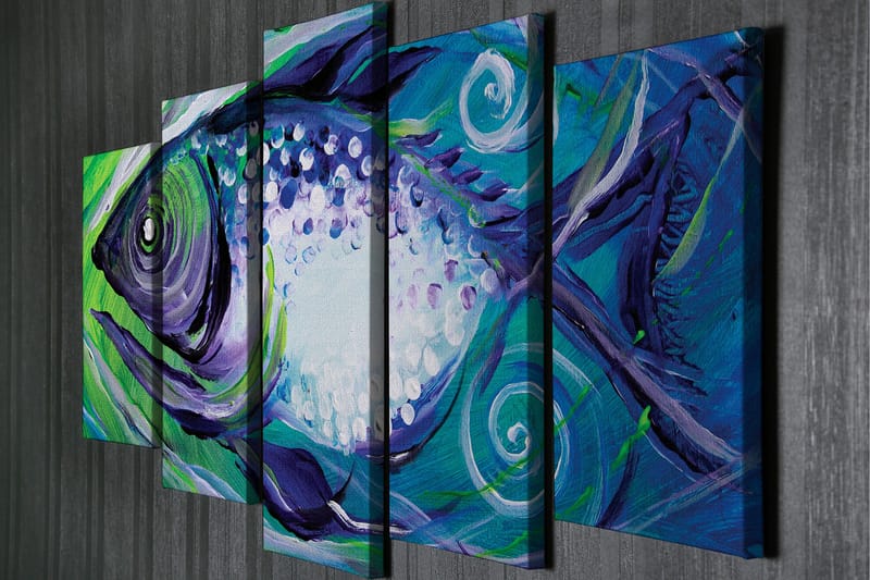 Stor Canvastavla i 5 delar 105x70 cm - Färgglad fisk med abstrakta former - Blå / Grön / Lila - Inredning - Tavlor & konst - Canvastavlor