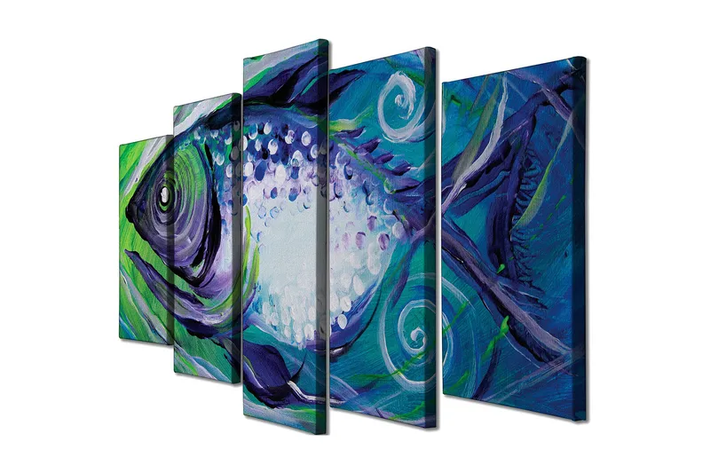 Stor Canvastavla i 5 delar 105x70 cm - Färgglad fisk med abstrakta former - Blå / Grön / Lila - Inredning - Tavlor & konst - Canvastavlor