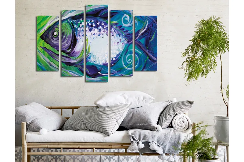 Stor Canvastavla i 5 delar 105x70 cm - Färgglad fisk med abstrakta former - Blå / Grön / Lila - Inredning - Tavlor & konst - Canvastavlor