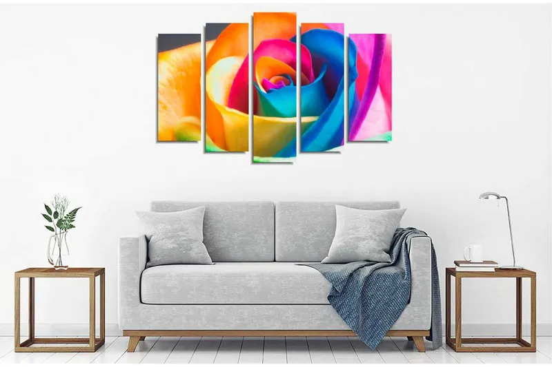 Stor Canvastavla i 5 delar 105x70 cm - Färgglad ros med intensiva nyanser - Orange / Blå / Rosa - Inredning - Tavlor & konst - Canvastavlor
