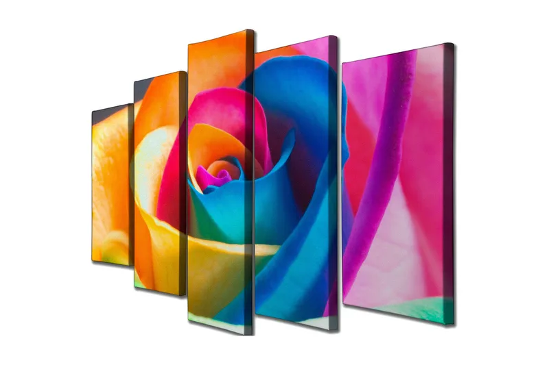 Stor Canvastavla i 5 delar 105x70 cm - Färgglad ros med intensiva nyanser - Orange / Blå / Rosa - Inredning - Tavlor & konst - Canvastavlor