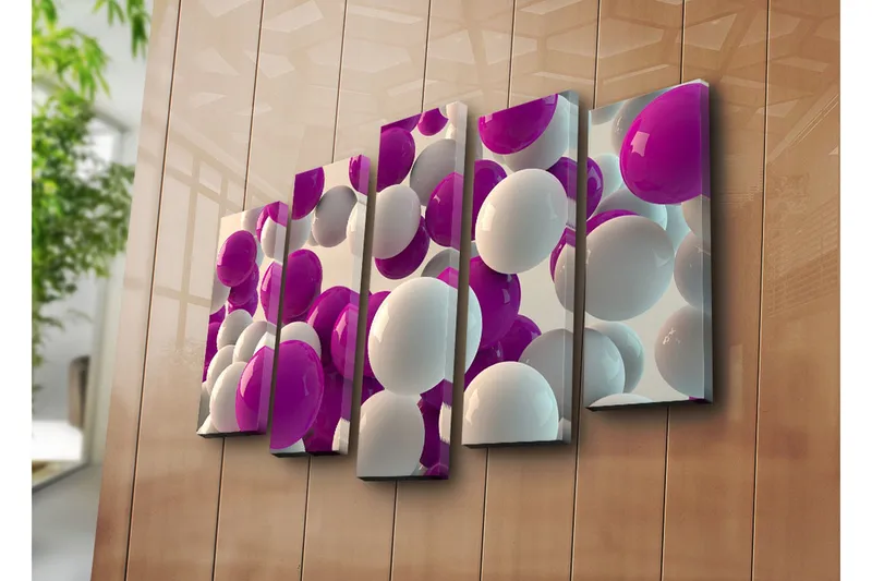 Stor Canvastavla i 5 delar 105x70 cm - Färgglad sammansättning av sfärer i olika storlekar - Lila / Vit - Inredning - Tavlor & konst - Canvastavlor