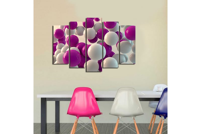 Stor Canvastavla i 5 delar 105x70 cm - Färgglad sammansättning av sfärer i olika storlekar - Lila / Vit - Inredning - Tavlor & konst - Canvastavlor
