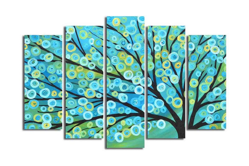 Stor Canvastavla i 5 delar 105x70 cm - Färgglad trädkrona med cirkulära blad - Blå / Grön / Gul - Inredning - Tavlor & konst - Canvastavlor