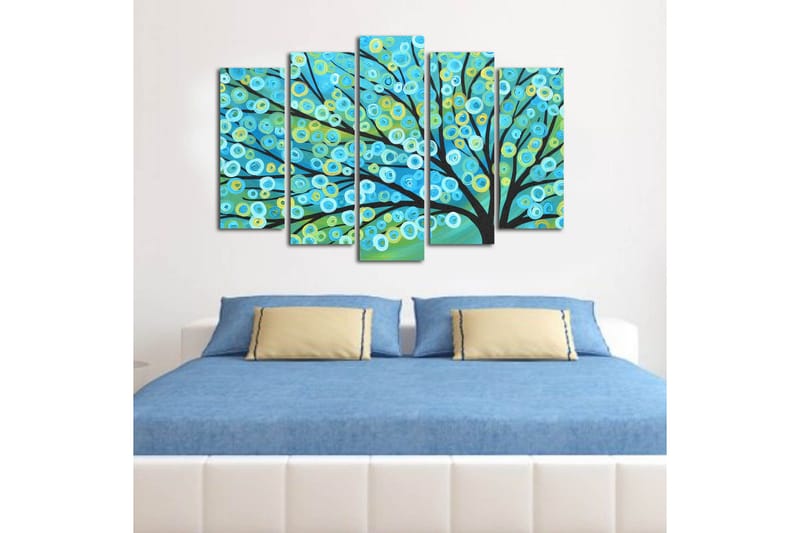 Stor Canvastavla i 5 delar 105x70 cm - Färgglad trädkrona med cirkulära blad - Blå / Grön / Gul - Inredning - Tavlor & konst - Canvastavlor