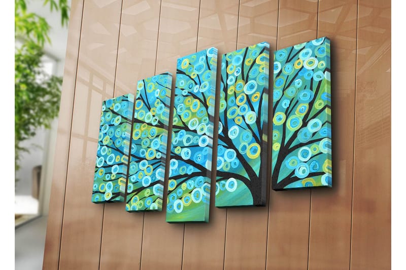 Stor Canvastavla i 5 delar 105x70 cm - Färgglad trädkrona med cirkulära blad - Blå / Grön / Gul - Inredning - Tavlor & konst - Canvastavlor