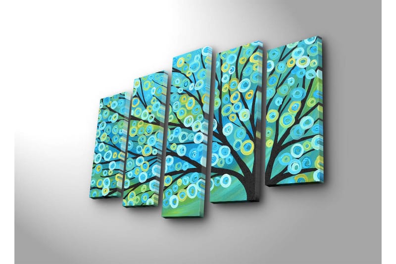 Stor Canvastavla i 5 delar 105x70 cm - Färgglad trädkrona med cirkulära blad - Blå / Grön / Gul - Inredning - Tavlor & konst - Canvastavlor