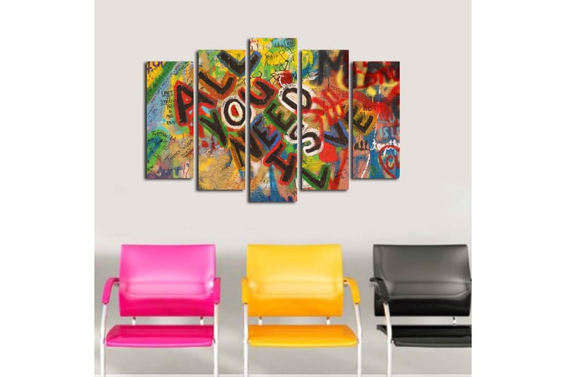 Stor Canvastavla i 5 delar 105x70 cm - Färgglad väggmålning med budskapet ALL YOU NEED IS LOVE - Röd / Grön / Gul - Inredning - Tavlor & konst - Canvastavlor
