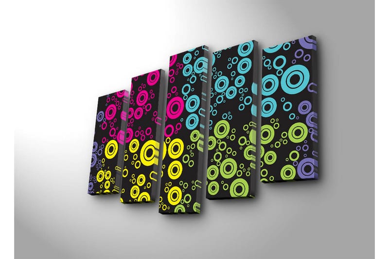 Stor Canvastavla i 5 delar 105x70 cm - Färgglada cirklar i olika storlekar mot en svart bakgrund - Rosa / Blå / Gul - Inredning - Tavlor & konst - Canvastavlor