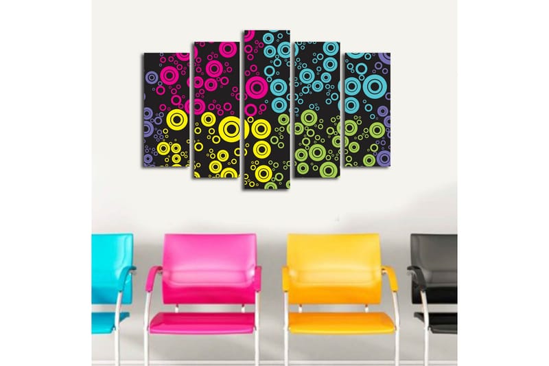 Stor Canvastavla i 5 delar 105x70 cm - Färgglada cirklar i olika storlekar mot en svart bakgrund - Rosa / Blå / Gul - Inredning - Tavlor & konst - Canvastavlor