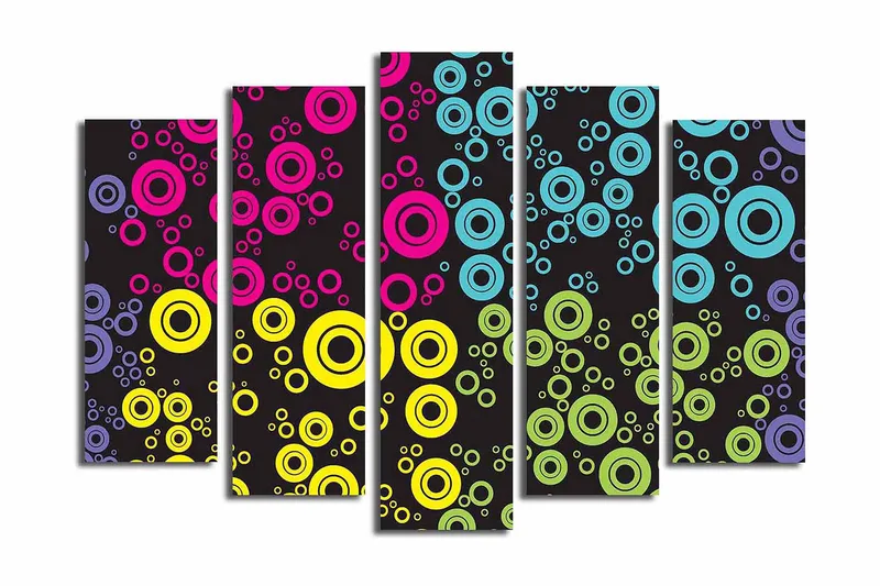 Stor Canvastavla i 5 delar 105x70 cm - Färgglada cirklar i olika storlekar mot en svart bakgrund - Rosa / Blå / Gul - Inredning - Tavlor & konst - Canvastavlor