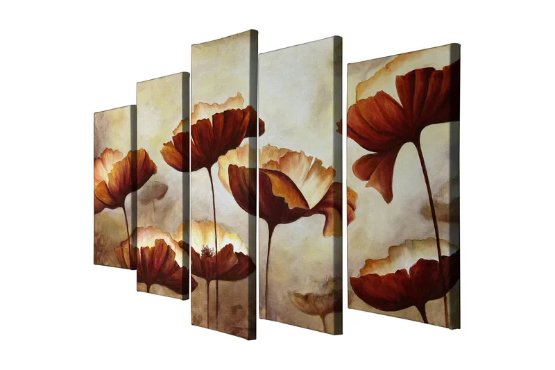 Stor Canvastavla i 5 delar 105x70 cm - Färgrik bukett av blommor i varma toner - Röd / Beige / Brun - Inredning - Tavlor & konst - Canvastavlor