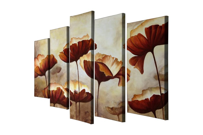 Stor Canvastavla i 5 delar 105x70 cm - Färgrik bukett av blommor i varma toner - Röd / Beige / Brun - Inredning - Tavlor & konst - Canvastavlor