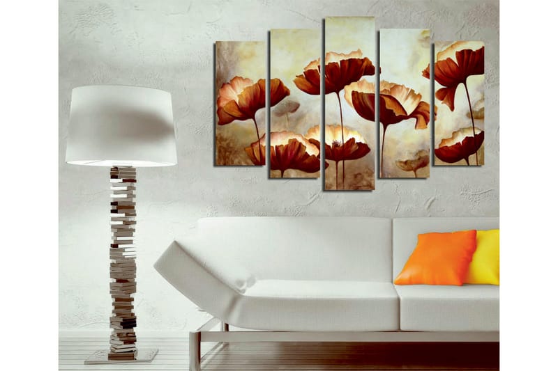 Stor Canvastavla i 5 delar 105x70 cm - Färgrik bukett av blommor i varma toner - Röd / Beige / Brun - Inredning - Tavlor & konst - Canvastavlor