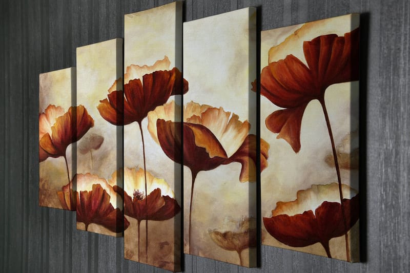 Stor Canvastavla i 5 delar 105x70 cm - Färgrik bukett av blommor i varma toner - Röd / Beige / Brun - Inredning - Tavlor & konst - Canvastavlor