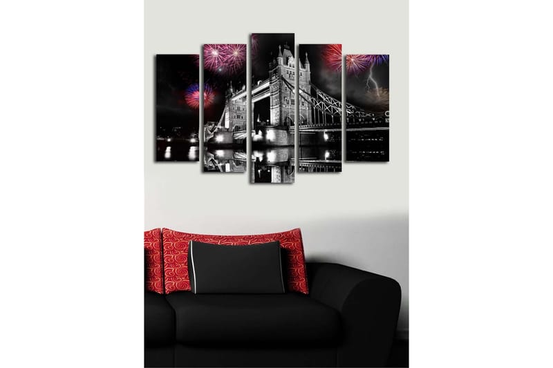 Stor Canvastavla i 5 delar 105x70 cm - Fyrverkeri över Tower Bridge i London - Svart / Röd / Blå - Inredning - Tavlor & konst - Canvastavlor