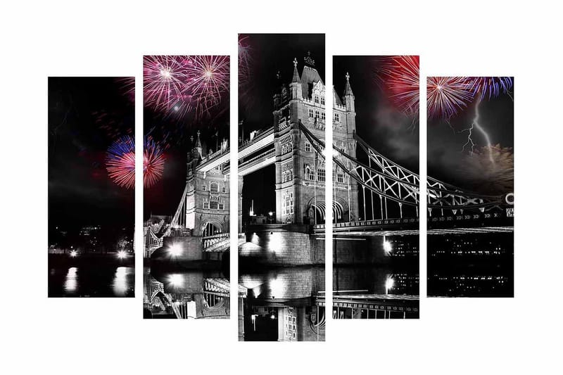 Stor Canvastavla i 5 delar 105x70 cm - Fyrverkeri över Tower Bridge i London - Svart / Röd / Blå - Inredning - Tavlor & konst - Canvastavlor