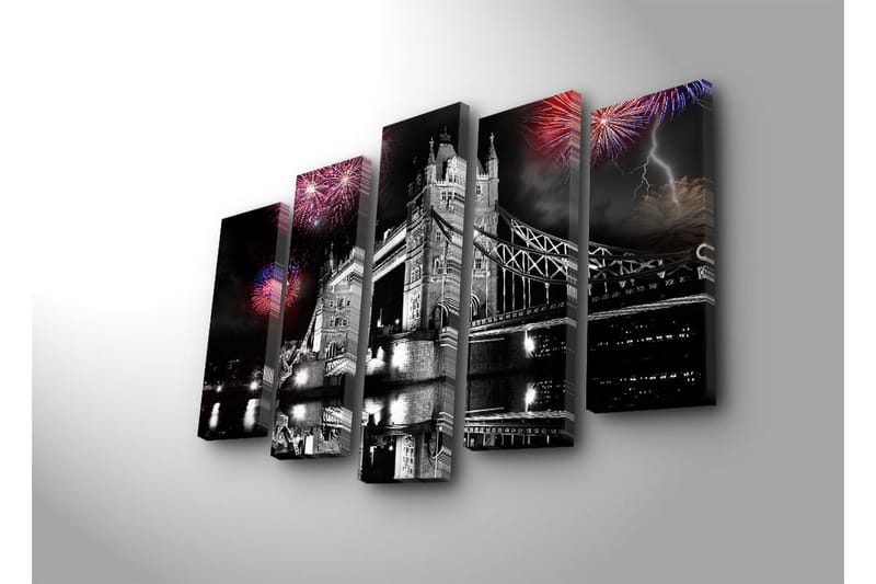 Stor Canvastavla i 5 delar 105x70 cm - Fyrverkeri över Tower Bridge i London - Svart / Röd / Blå - Inredning - Tavlor & konst - Canvastavlor