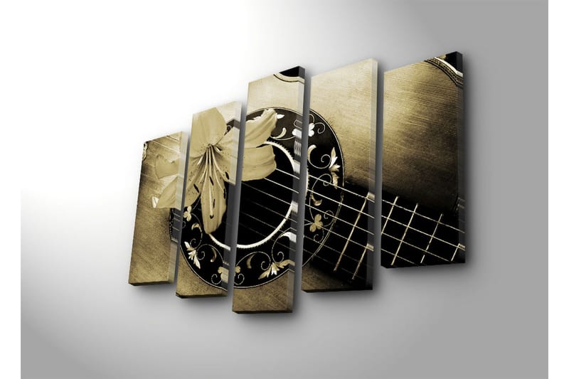Stor Canvastavla i 5 delar 105x70 cm - Gitarr med en blomma som accentuerar instrumentets detaljer - Guld / Svart / Beige - Inredning - Tavlor & konst - Canvastavlor