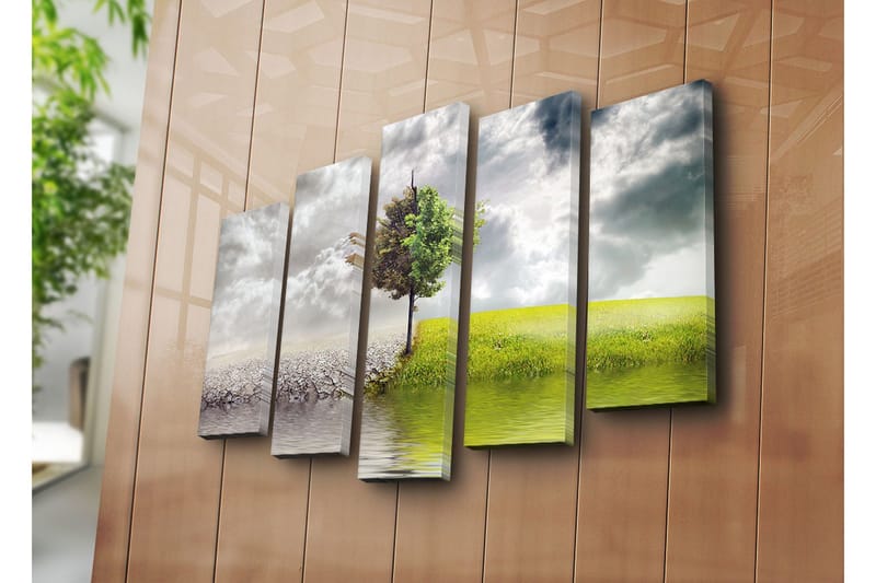 Stor Canvastavla i 5 delar 105x70 cm - Grönskande träd som står mellan torr mark och frodig äng - Grön / Grå / Beige - Inredning - Tavlor & konst - Canvastavlor