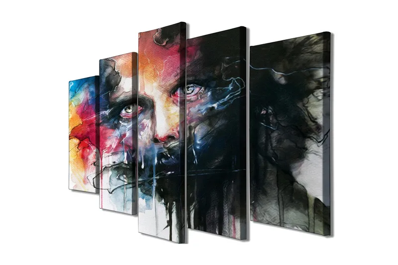 Stor Canvastavla i 5 delar 105x70 cm - Intensivt porträtt med dramatiska färger och uttrycksfulla drag, Svart / Röd / Blå
